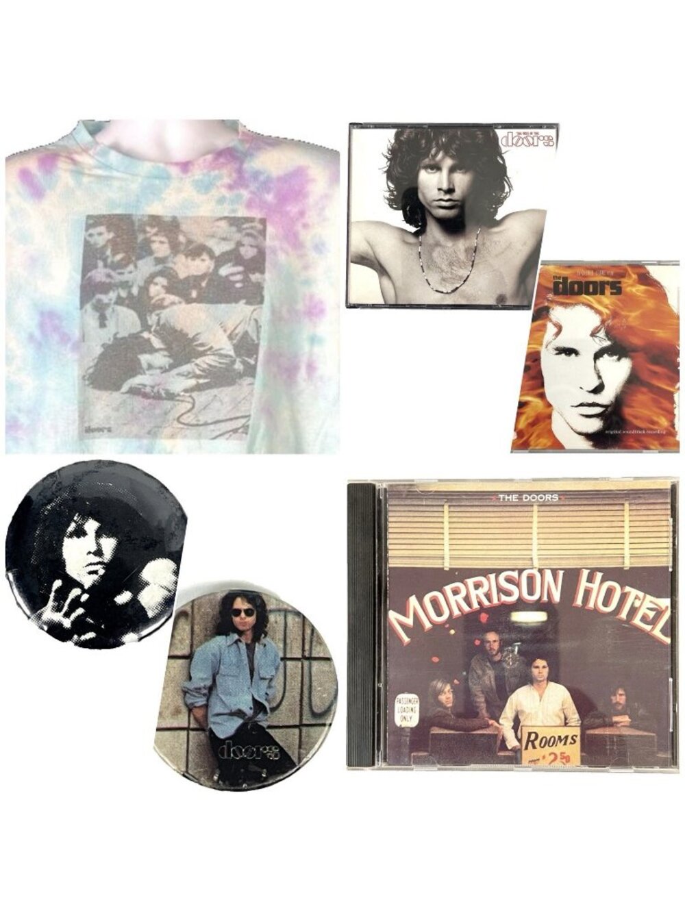 The Doors Jim Morrison Mens Tie Dye T-Shirt size XL + Hits Movie CDs + Buttons